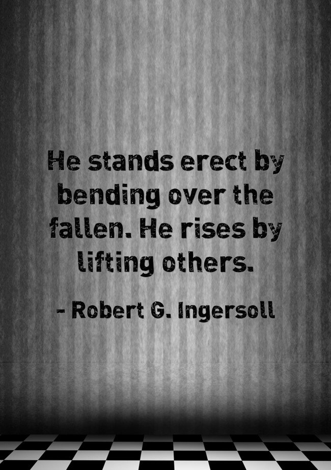 He stands erect by bending over the fallen. He rises by Quozio
