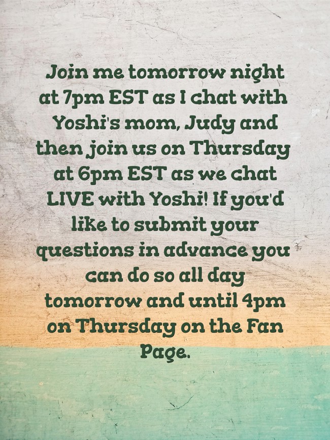 Join me tomorrow night at 7pm EST as I chat with Yoshi s Quozio